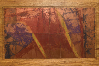 Ladro di sogni, Matrice incisa a ceramolle per il colore, utilizzata per la stampa della suite e della copertina e infine sagomata per la stampa delle pagine interne.
Inserita su supporto in legno per esposizione.